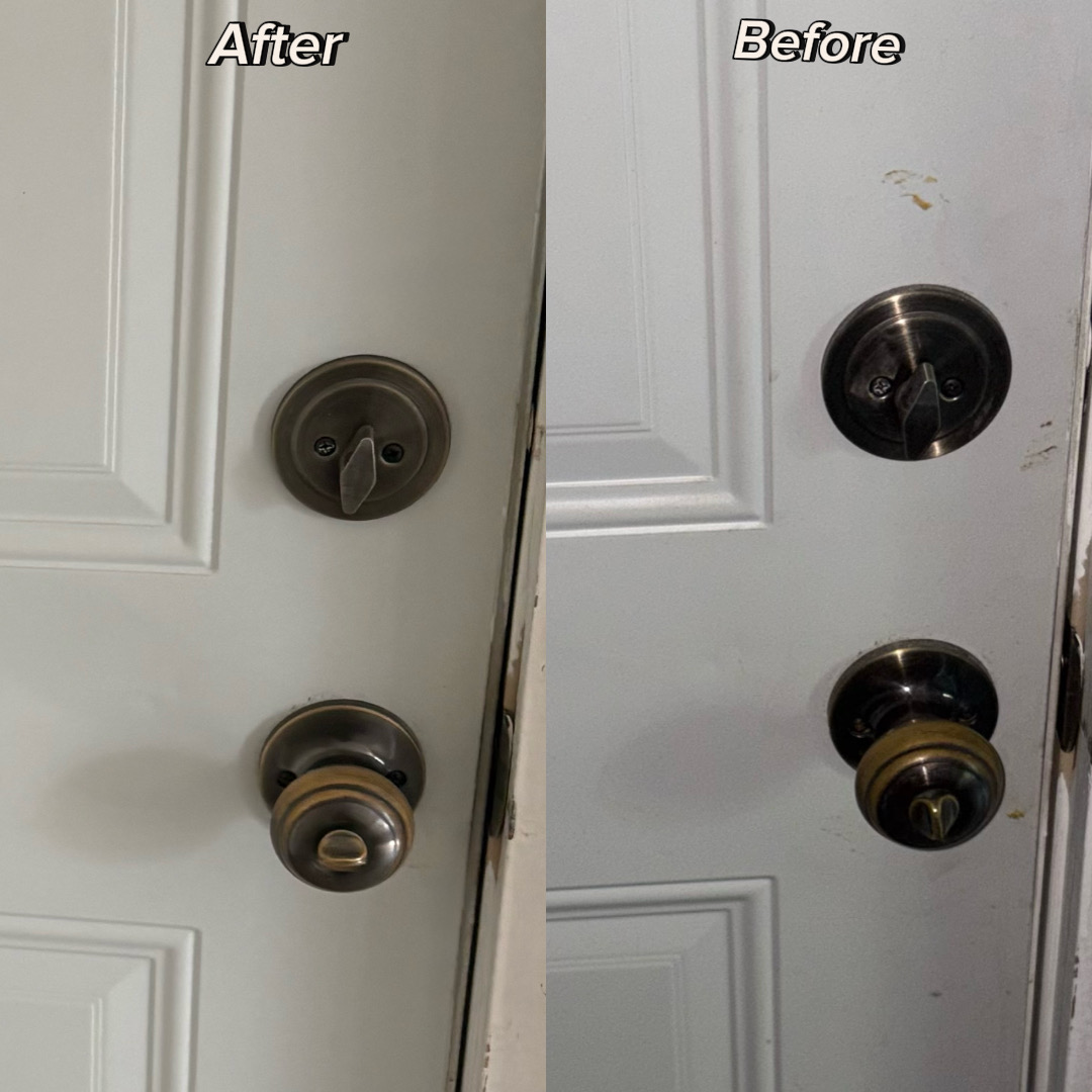 Before and after detail cleaning of a white entry door