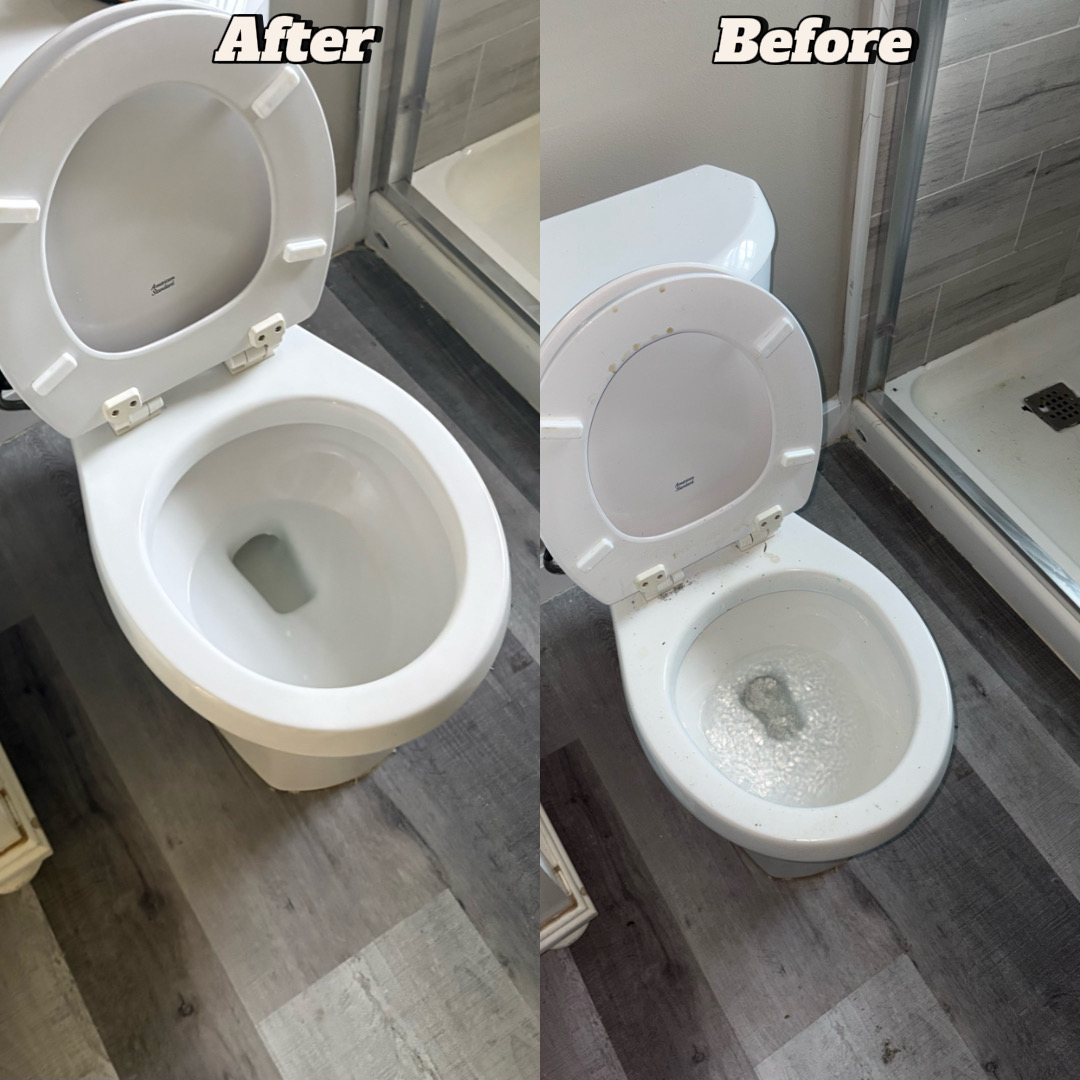 Before and after professional cleaning of a bathroom toilet