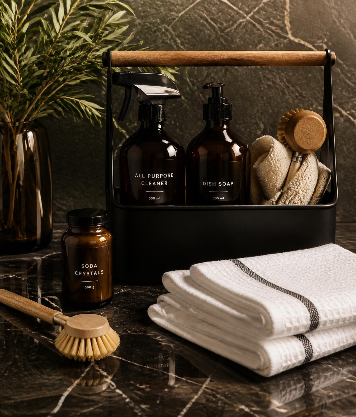Premium cleaning supplies arranged on a dark marble counter